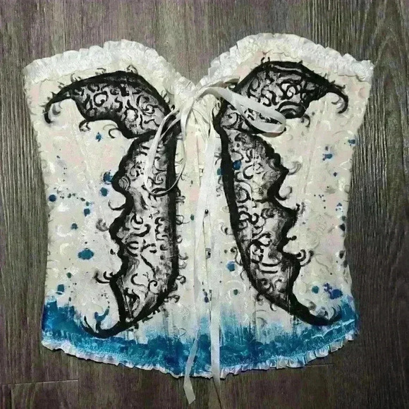 Butterfly on white romantic lace-up boned overbust sweetheart  corset bustier - Picture 7 of 11